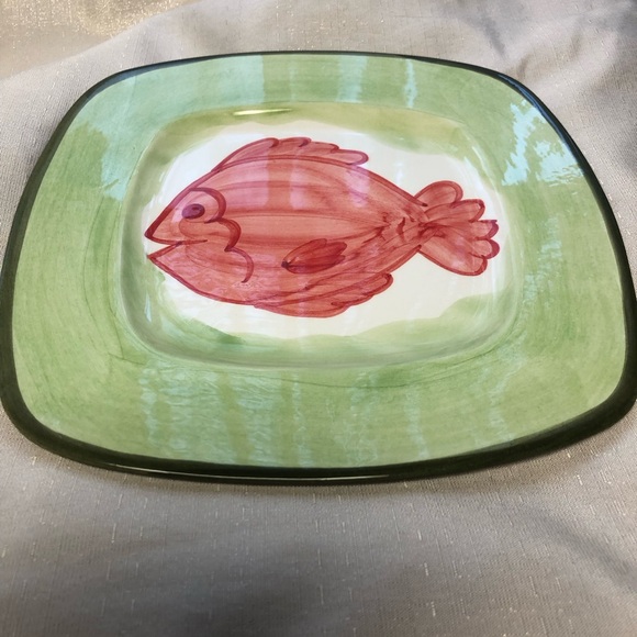Hand Painted Zanolli Green and Red Fish Design Plate Square 10.5 inches - Picture 1 of 7